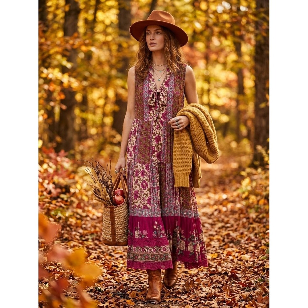 Free People Rare Feelings Maxi Dress Pink Floral Paisley Patchwork Boho Small